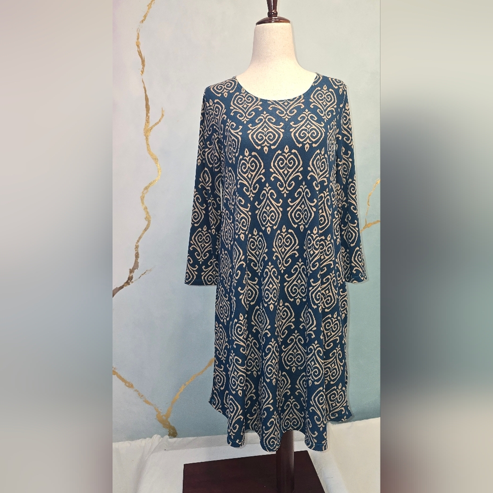 Deep Teal and Cream/Tan Boho Printed Tunic Dress Maternity Transitional S/M